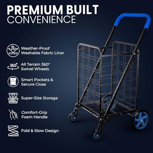 SereneLife Large Folding Utility Shopping Cart with Removable Liner – Heavy Duty, 360° Swivel Wheels, 110 lb Capacity, Portable for Groceries, Laundry, Luggage, and More (Blue) - Image 4