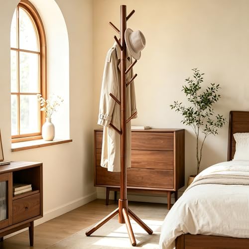 2 PC Wooden Coat Rack Freestanding with 8 Hooks & 3 Adjustable Sizes for Clothes, Space-Saving Design for Bedroom Office Entrance Holds Hats Coats Scarves Bags - Image 7