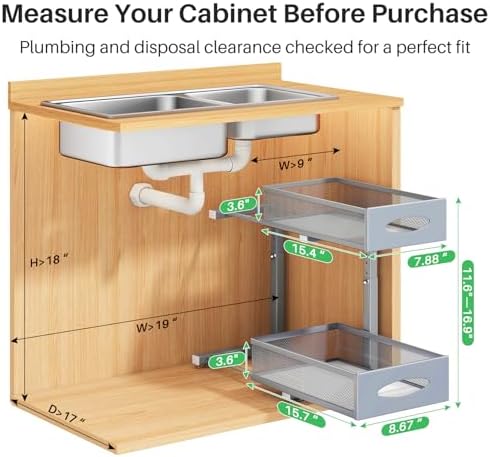 1 Pack Under Sink Organizer, 2 Tier Pull out Cabinet Organizer Mesh Baskets with 5 Adjustable Heights, Sliding Drawers Storage Shelf for Home, Kitchen, Bathroom, Pantry, Office, Countertop ,Grey - Image 2