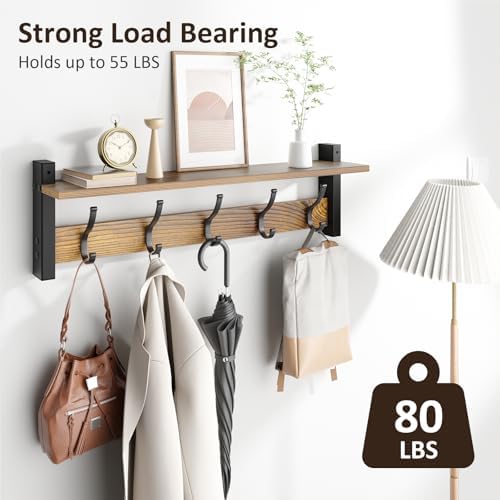 Optish Coat Rack Wall Mount with Shelf, 24 Inch Coat Hanger Walls Mounted, Hat Rack for Walls, Shelf with 5 Coat Hooks, Wall Hanger for Entryway (Brown) - Image 2