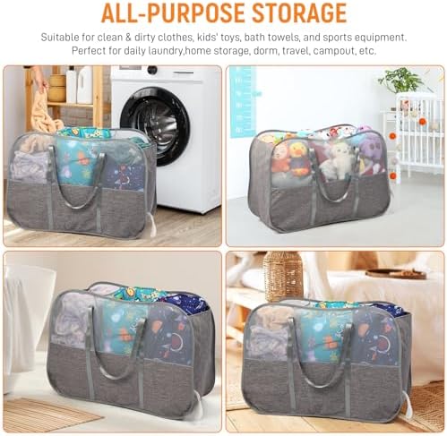 Collapsible Laundry Baskets with 3 Compartment, 150L Tear-proof Pop Up Hamper, Foldable Laundry Basket with Tote Handles, Dirty Clothes Hamper for Laundry, Bedroom, Bathroom, Dorm Grey - Image 7