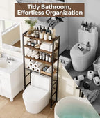 4-Tier Over-the-Toilet Storage Rack with One-Piece Wooden Shelves & Open Net Basket, Bathroom Organizer with Adjustable Feet & Anti-Tip Kit, Space-Saving Toilet Shelf, Brown, 24.4" x 9.4" x 69.3" - Image 6