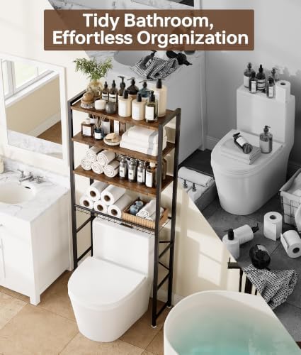 4-Tier Over-the-Toilet Storage Rack with One-Piece Wooden Shelves & Open Net Basket, Bathroom Organizer with Adjustable Feet & Anti-Tip Kit, Space-Saving Toilet Shelf, Brown, 24.4" x 9.4" x 69.3" - Image 6