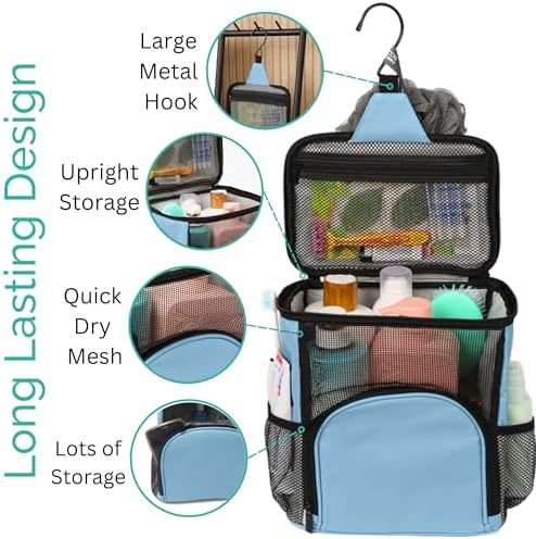 TERRA HOME College Dorm Room Essentials for Girls - Shower Caddy Dorm - Original, Portable, Durable, Roomy, Foldable Water Resistant Shower Bag in Light Pink with Metal Hook for Hanging (Light Blue) - Image 4