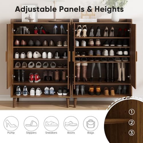 Smuxee Walnut Shoe Cabinet with Line Groove Design, 6-Tier Shoe Storage Cabinet with Adjustable Shelves, Freestanding Shoe Organizer Cabinet for Entryway, Hallway, Closet, Living Room - Image 4