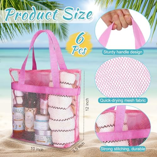 6 Pcs Mesh Beach Bags Bulk Portable Mesh Shower Caddy Bags with Zipper & 2 Pockets Hanging Toiletry and Bath Organizer for Beach Gym Camp Swimming Travel College Dorms (Macaron Color) - Image 2