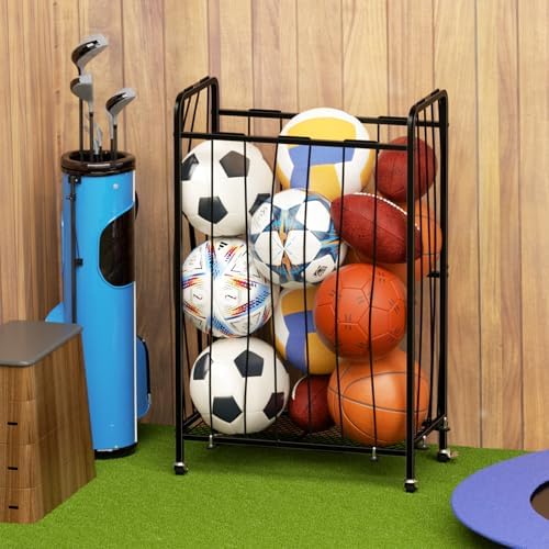 Garage Ball Storage with Wheels, Ball Sports Organizer Storage Cart, Sports Equipment Organizer, Sports Ball Rack With Elastic Rope, Garage Organization Storage Rack, Ball Holder, Black - Image 6