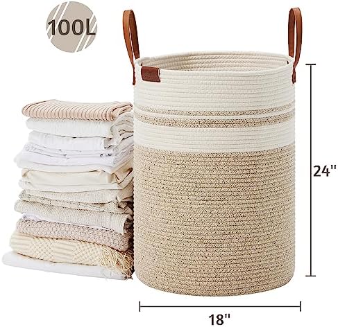 VIPOSCO 100L Tall Woven Rope Laundry Hamper, Leather Handles, Brown & White - Image 5