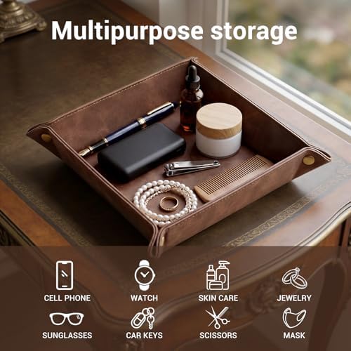 CoBak Leather Valet Tray, Premium PU Leather Catch-All Tray for Entryway Table Key, Phone, Wallet, Coins & Jewelry, Bedside Nightstand Desk-top Catchall (Brown) - Image 4