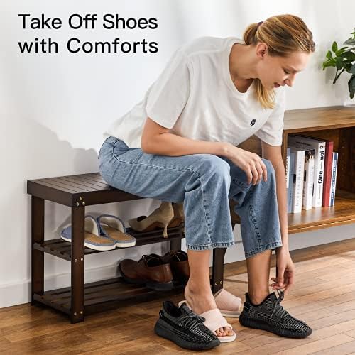 Pipishell 3 Tier Bamboo Shoe Rack Bench for Entryway, Brown - Image 4