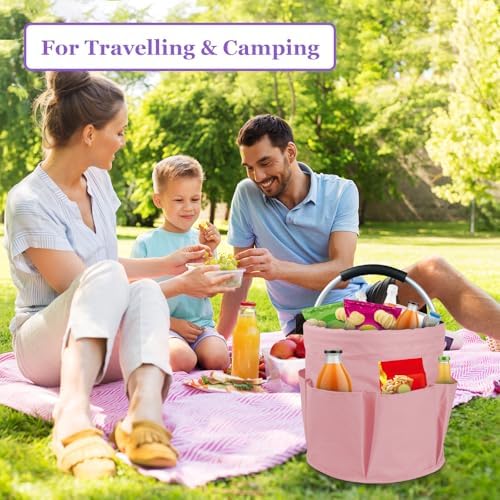 17L Portable Shower Caddy with 6 Side Pockets, Foldable Cleaning Supply Caddy with Handle, Garden Tool Bag in 600D Oxford Fabric, Multifunctional Storage Basket for Showers, Picnics, Pink - Image 4