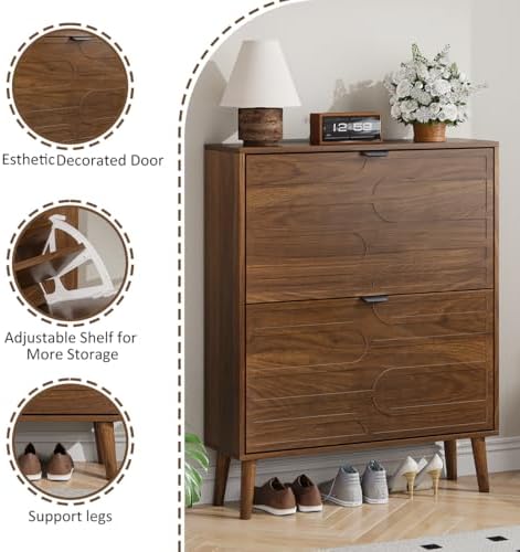 Shoe Cabinet Storage for Entryway with 2 Flip Drawers, Narrow Shoe Cabinet with Black Handles for Entryway, Hidden Slim Shoe Organizer Rack, 31.5" w x 9.45" D x 39" H - Image 6