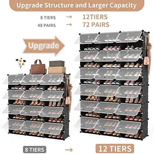 ROJASOP Portable Shoe Rack Organizer, 72 Pairs Covered Shoe Rack Shoe Organizer for Closet Entryway 12-Tier Shoe Storage Cabinet Space Saver Closed Shoe Organizer Cabinet with Doors - Image 4