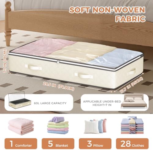 Budding Joy 4 Pack Under Bed Storage Containers with Clear Lids, Beige | Underbed Storage Bags for Blankets, Towels, Comforter, Sweaters, Linen Sheets, Wrapping Paper - Image 3