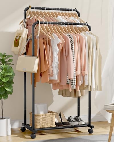 Sakugi Clothes Rack - Clothing Rack with Storage Mesh Shelf & Casters, Heavy-Duty Metal Clothing Rack for Hanging Clothes, Dresses, Coats, Large Load Capacity, Easy Assembly, Black, 28.0"x16.0"x59.0" - Image 3