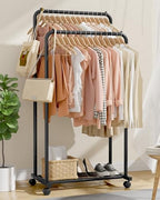 Sakugi Clothes Rack - Clothing Rack with Storage Mesh Shelf & Casters, Heavy-Duty Metal Clothing Rack for Hanging Clothes, Dresses, Coats, Large Load Capacity, Easy Assembly, Black, 28.0"x16.0"x59.0" - Image 3