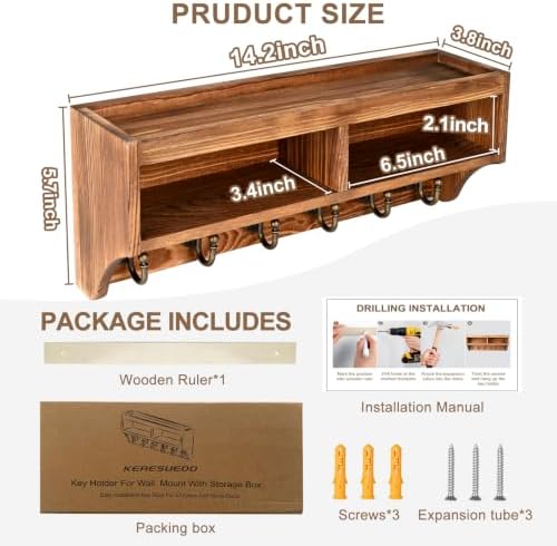 Key Holder Wall Mount with Mail Organizer, 6 Hooks & Shelf, Brown - Image 6
