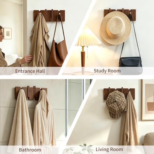 QUELLANCE Wooden Coat Hooks Wall Mounted, Coat Rack Hanger Wall Mount with 4 Hooks, Heavy Duty Coat Hooks for Hanging Coats/Keys/Hats/Robe&Towels/Plants/Bags, Home Decor Gift, Walnut - Image 5