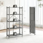 Fenbeli Foldable Shelves with Wheels - 5 Tier Folding Shelf, Collapsible No Assembly Metal Shelving Unit, Origami Storage Shelves & Rolling Storage Rack with 8 Hooks for Kitchen Pantry Garage - Image 3
