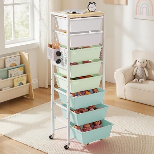 Rolling Cart with Drawers, Rolling Storage Cart with Large Plastic Drawers & Wooden Tabletop, Utility Cart with Pegboards & Basket, Storage Drawers Cart for Living Room, Classroom, Bedroom, Office - Image 3