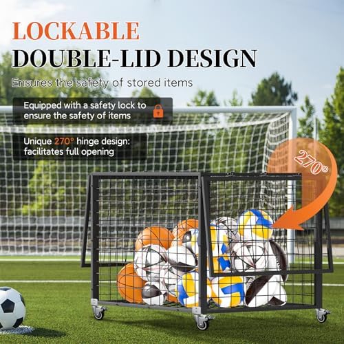 Sports Ball Storage Cart, Lockable Ball Cart with Double Lid,Ball Rack with Wheels,Rolling Sports Ball Storage Cart is Suitable for Gyms, Schools, Clubs, Indoor and Outdoor Basketball Storage - Image 5