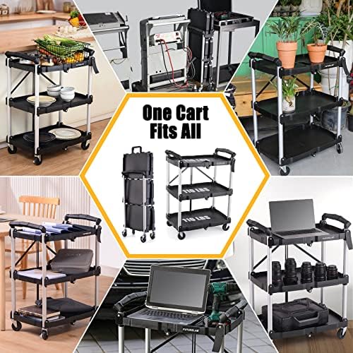 FUTURELAB Portable Folding Service Cart - 3 Tier 330LBS Capacity - Rolling Utility Foldable Cart with Wheels for Warehouse Home Workshops Garages Restaurants Offices - Image 2