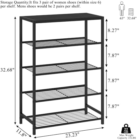 Yusong Shoe Rack Organizer, 5 Tier Industrial Shoe Storage Shelf for Closet Entryway, Narrow Sturdy Metal Shoe Shelves, Black - Image 3