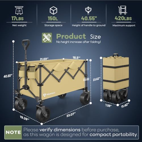 HIKEMOON 150L Collapsible Wagon Compact with Big Wheels, 420LBS Khaki - Image 3