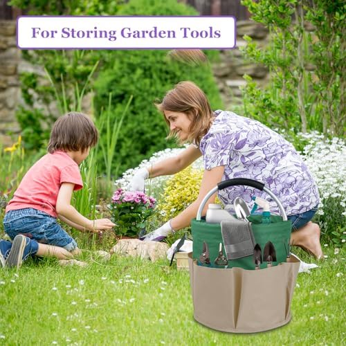 17L Foldable Cleaning Supplies Caddy with Handle, Khaki with Green - Image 6