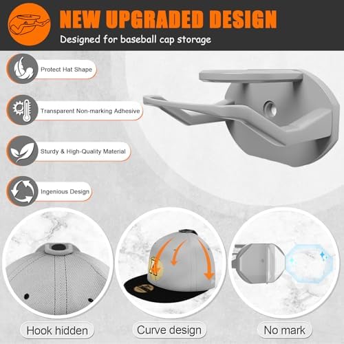 Niunuerga 24 Pack Hat Hooks for Wall, Strong Adhesive Hat Rack for Baseball Caps, Minimalist Hat Organizer Display for Home Decor, Hat Hold Hanger for Wall, Door, Closet, No Drilling (Grey) - Image 4
