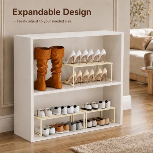 Extendable Metal Wire Shelf Organizer - Adjustable 15-24.4in Length, Stackable Storage Rack for Kitchen/Pantry/Bathroom/Shoe Cabinet/Tool Closet (1, Cream) - Image 5