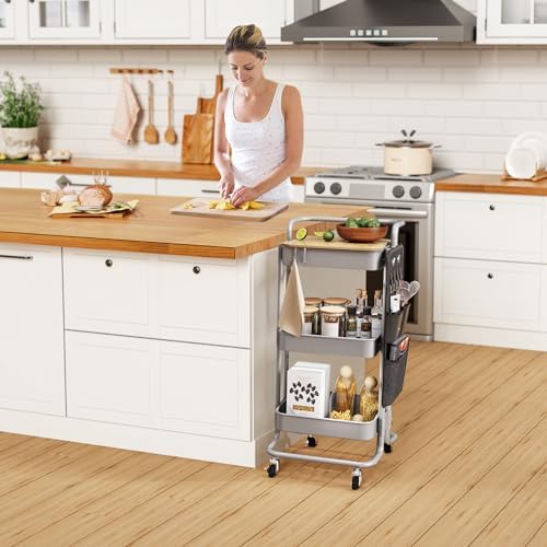 DTK 3-Tier Rolling Cart with Table Top, Metal Utility Cart with Side Bags - Image 6