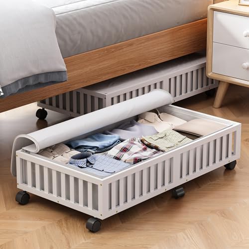 2 Pack Large Bamboo Under Bed Storage Containers with Wheels, White | Underbed Drawer Storage with Bag, Wood Rolling Underbed Organizer for Shoes, Sheets Clothes Blanket Comforter, Under Crib Toy by MHXWSXPN