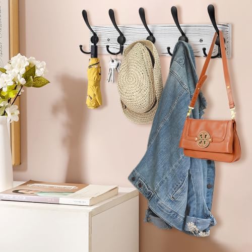 Kuhome 2pcs Coat Rack Wall Mount Wooden Hat Rack for Wall Hooks Pine Real Wood Plank 16.9" Old White Coat Hanger with 5 Black Triple Hooks for Hanging Coat Hat Jacket - Image 6