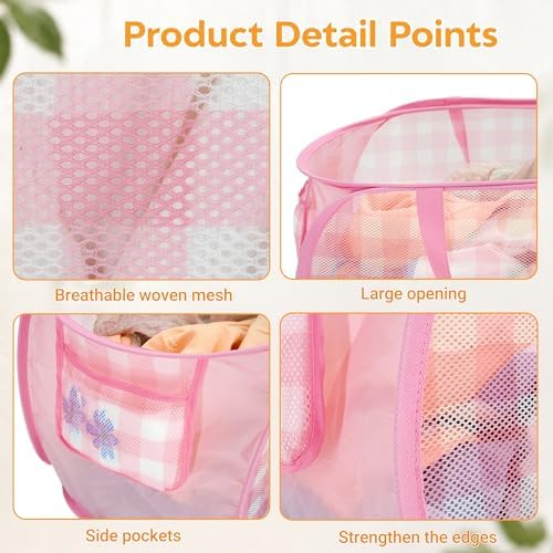 Sturdy Collapsible Laundry Baskets - Pop Up Laundry Hampers with Handy Pocket, Foldable Clothes Hamper with Reinforced Carry Handles for Bathroom, Kids Room, Dorm or Travel - Check Print, Pink - Image 4