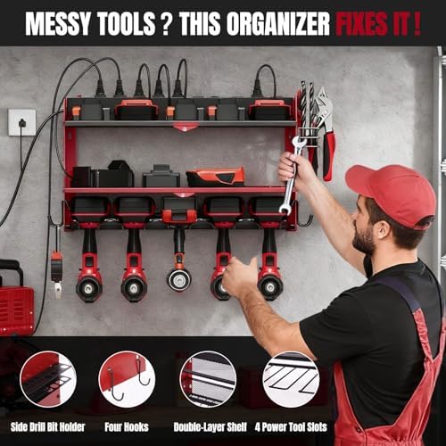 Modular Power Tool Organizer Wall Mount with Charging Station, 3-Layer Heavy Duty Drill Holder Rack & 8-Outlet Power Strip for Garage Workshop Storage - Image 5