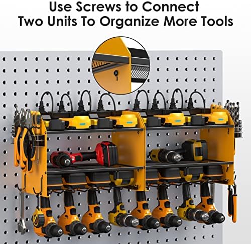 CCCEI Modular Power Tool Organizer Wall Mount Charging Station, Yellow 6 Drills Holder with 8 Plug Power Strip, Garage Drill Battery Heavy Duty Metal Shelf, Utility Rack with Hooks, Side Storage. - Image 7