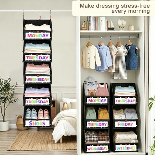 Weekly Clothes Organizer for Kids, 5-Shelf Hanging Clothes Storage with 7 Labels, Back to School Fabric Heavy Duty Closet Storage with Zipper and 10 Hooks for Morning Routine, Black - Image 7