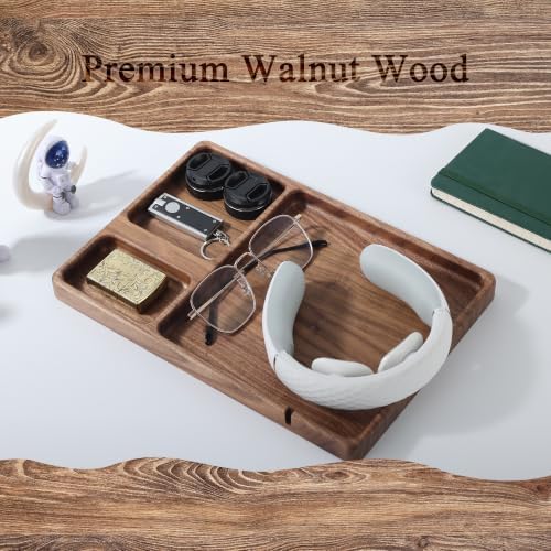 Walnut Wooden Valet Tray – Bedside Table Organizer for Men Dad, Edc Catch All Tray with Cable Slot (11.4 x 7.9 x 0.8 Inch) - Image 3
