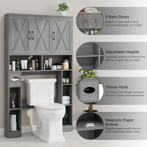 Vabches Over The Toilet Storage Cabinet with 3 Barn Doors.Wash Grey - Image 3