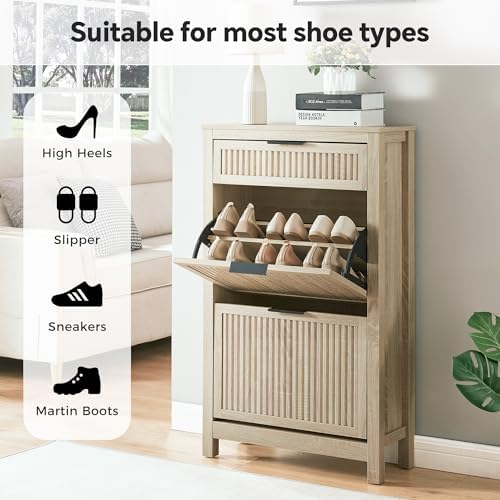 2-Flip Drawer Shoe Cabinet Narrow Entryway Rack, Oak - Image 5