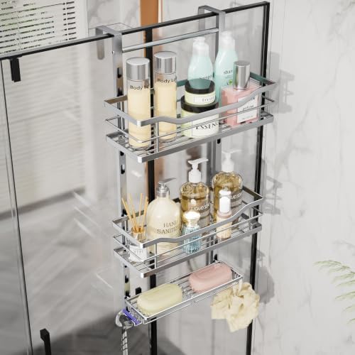 SWTYMIKI Over the Door Shower Caddy - 3 Tier Adjustable Shower Organizer Hanging with Soap Holder, No Drilling Stainless Steel Bathroom Rack Hanging for Body Wash, Shampoo, Soap, Razor, Silver by SwtyMiki-TidyHomeSweetLife