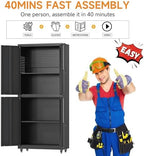 71" H Metal Tool Storage Cabinet with Lock and Wheels, Heavy Duty Garage Cabinet with 4 Doors and 2 Adjustable Shelves, Tool Organizer with Pegboard for Garage, Warehouse(Black, 71" H) - Image 7