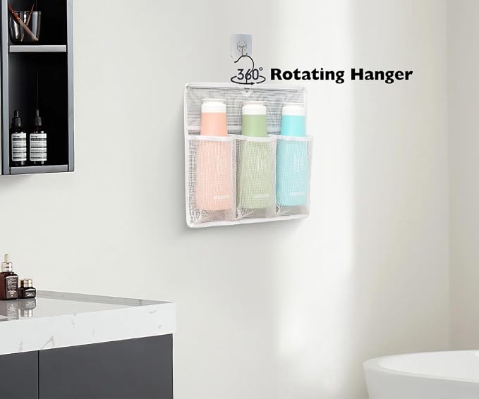 ALYER Mesh Shower Organizer,Shower Caddy with Rotating Detachable Metal Hanger, Quick Dry Bathroom Storage for Toiletry Accessories, Portable Shower Bag for RV,Dorm,Gym and Travel (White) - Image 6