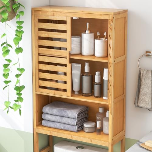 Tangkula Over The Toilet Storage Cabinet, Bamboo Bathroom Space Saver with 2 Doors, Adjustable Bottom Bar, Open Shelf, Freestanding Bathroom Cabinet Organizer Above Toilet for Restroom, Laundry Room - Image 3