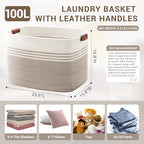 100L Large Woven Laundry Basket Hamper with Leather Handles,Brown​ - Image 2