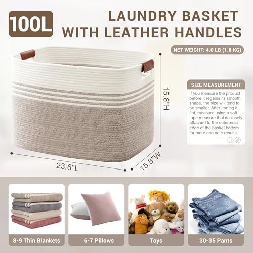 100L Large Woven Laundry Basket Hamper with Leather Handles,Brown​ - Image 2