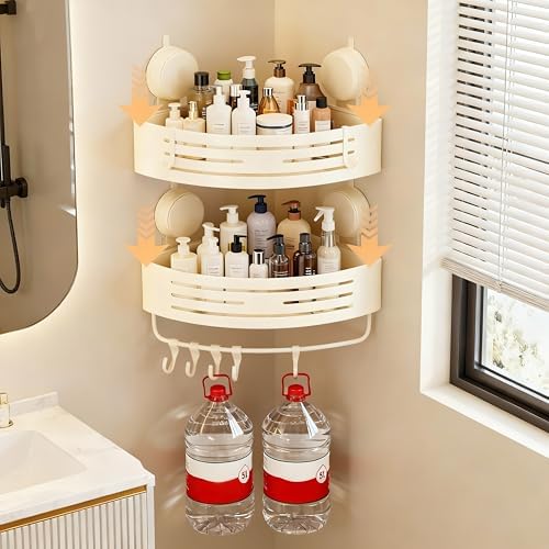 Corner Shower Caddy Bathroom Organizer（2-Pack Cream White）,No-Drilling Aluminum Suction Cup Corner Shower Shelf with Towel Bar & Hooks,Detachable and Reusable Bathroom and Kitchen Storage - Image 4