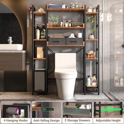 Besiost Over The Toilet Storage, 11 Tier Bathroom Organizer with Dual Side Racks and 2 Fabric Drawers, Adjustable Freestanding Rack Space Saver for Small Spaces, Rustic Brown - Image 4