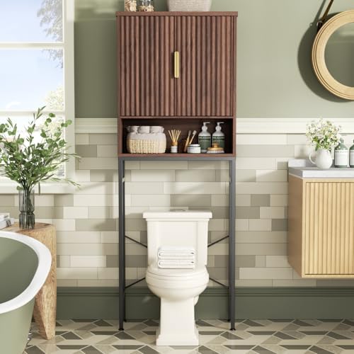 FiveWillowise Over The Toilet Storage Cabinet with Fluted Doors and Adjustable Shelf, Tall Bathroom Organizer with Metal Stand Space Saver Over Toilet, Wood Rack for Bathroom, Restroom, Laundry by FiveWillowise